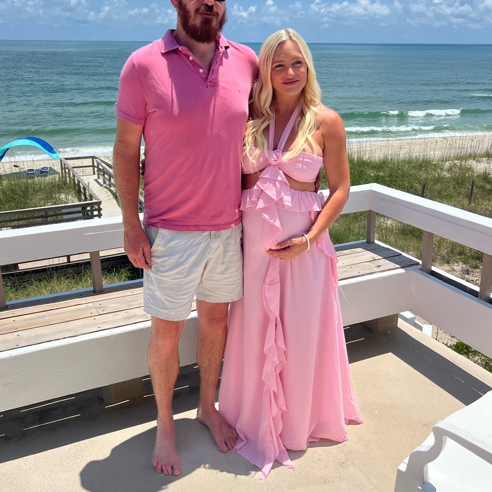 Lucy in the Sky Pink Chiffon Maxi Size Medium Baby Shower Dress Backless Flower - Picture 7 of 7